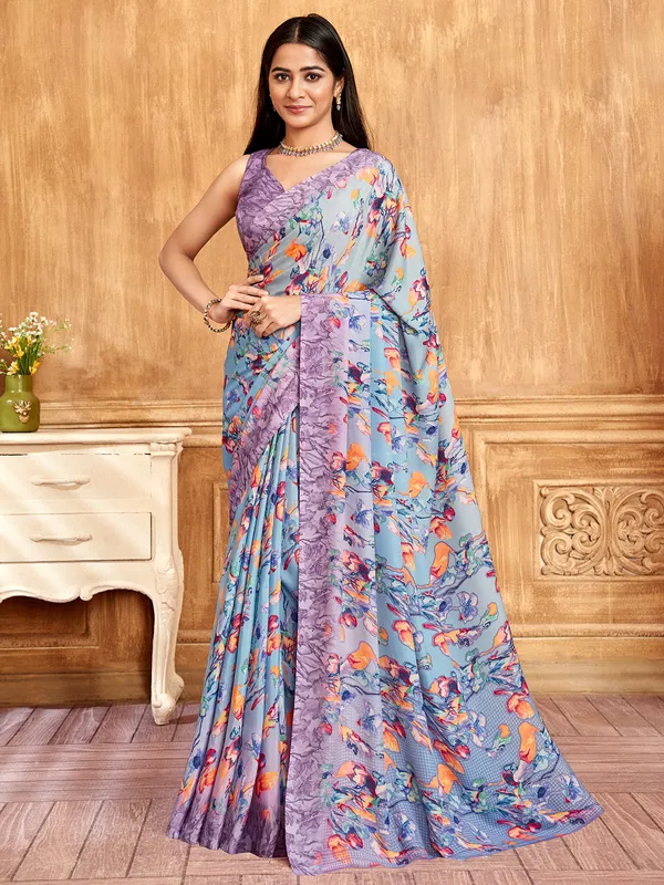 Stone blue printed crepe saree