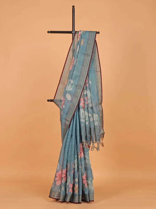 Stone blue printed semi linen saree for women