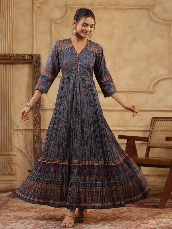 Stone blue printed silk kurti set with coins work