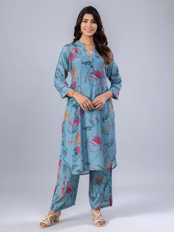 Stone blue silk printed kurti set for women casual wear