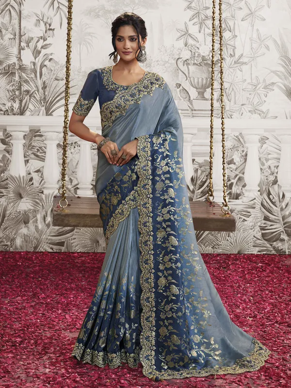 Stone blue silk saree with embroidery