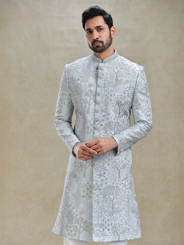 Stone blue silk sherwani in silver embroidery pattern