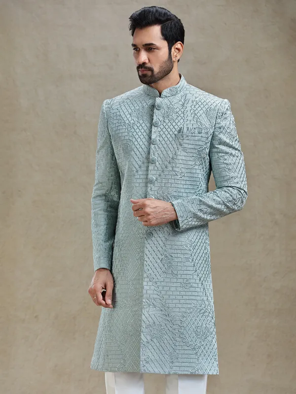 Stone blue textured silk fabricated sherwani in embroidery