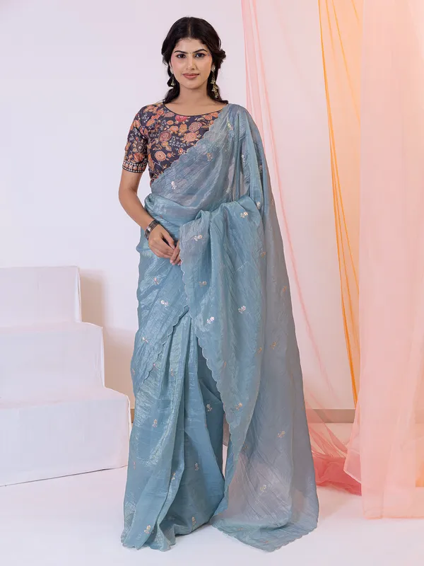 Stone blue tissue silk saree for festival