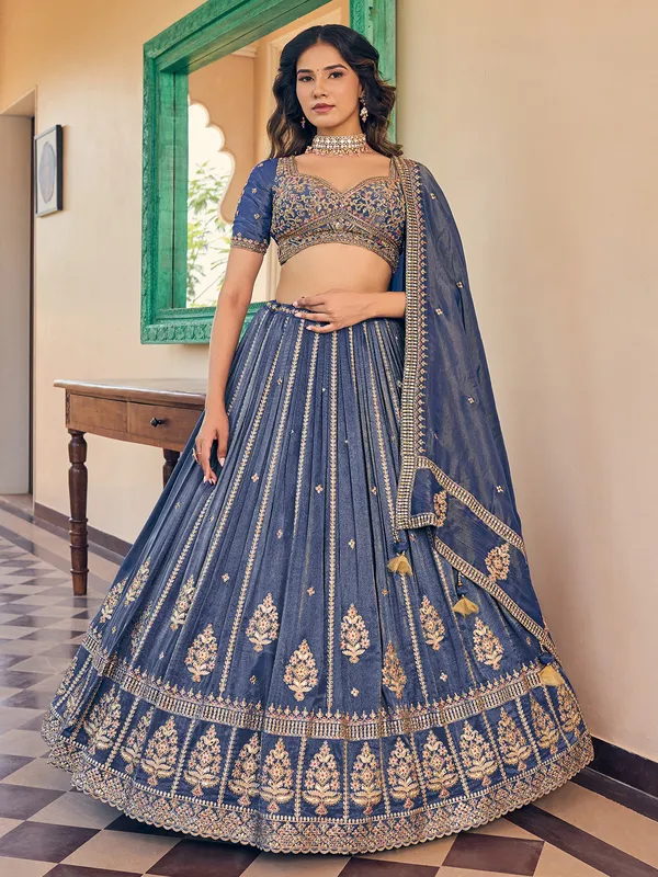 Stone blue velvet wedding lehenga choli