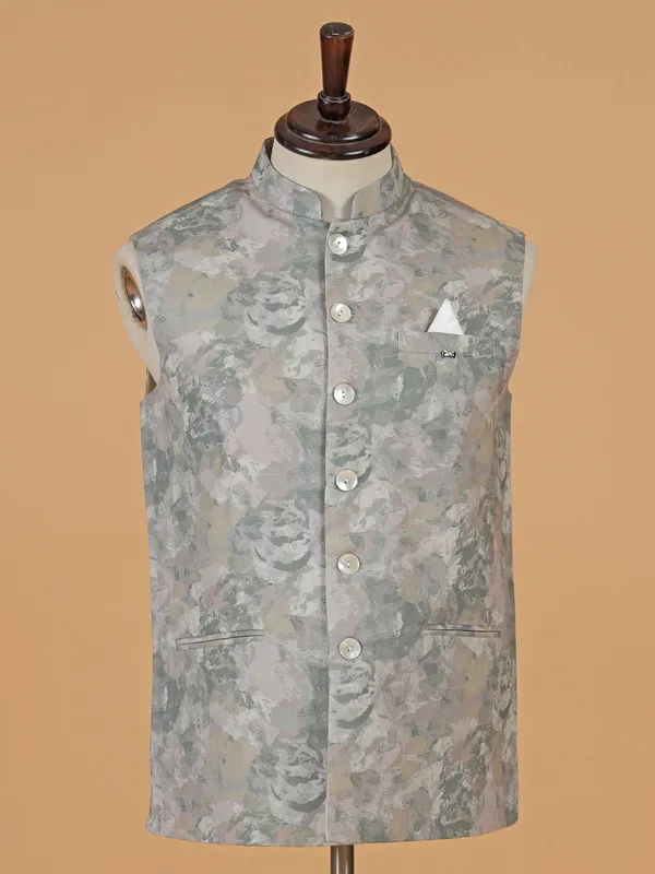Stone grey cotton printed waistcoat for men