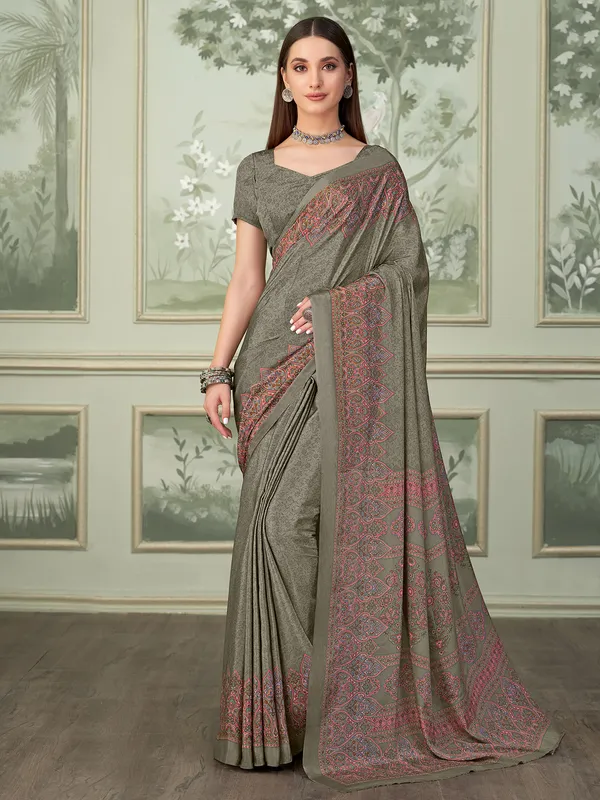 Stone grey crepe saree with print