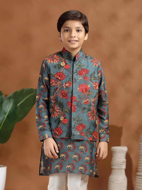 Stone grey raw silk beads printed waistcoat set