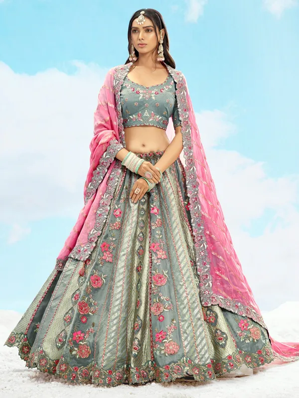 Stone grey silk lehenga choli for wedding