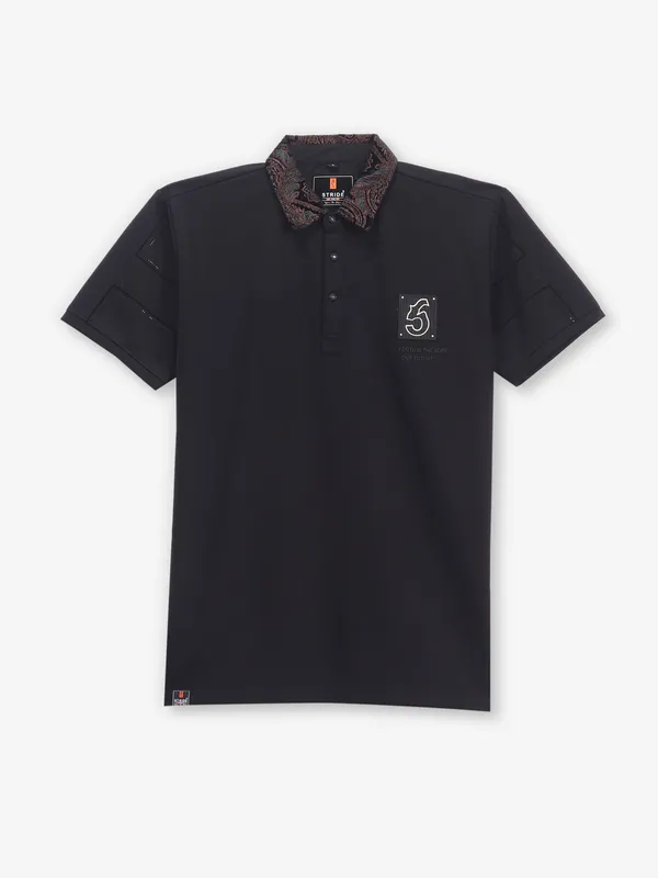 STRIDE plain black cotton polo t-shirt