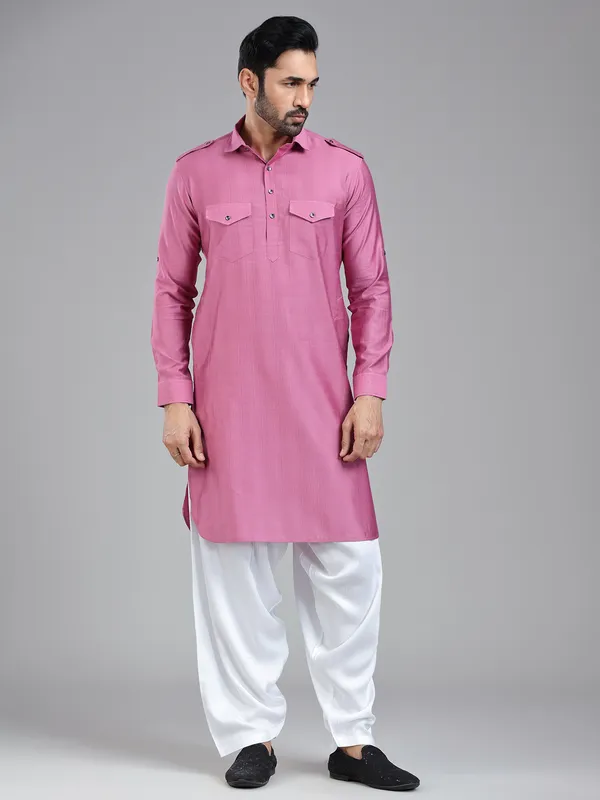 Striking elegant dark pink pathani suit for men