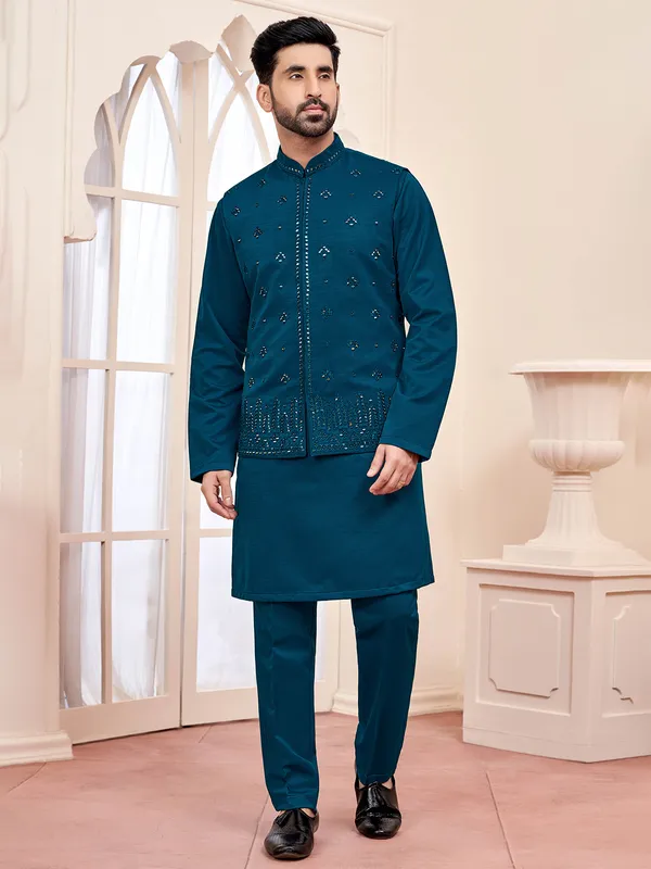 Striking rama blue waistcoat set for men