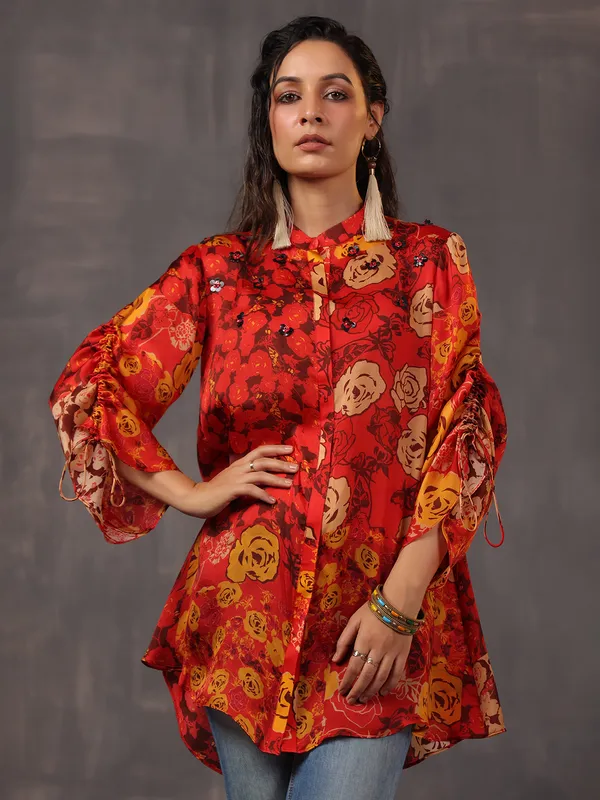 Striking red printed silk top for casuals