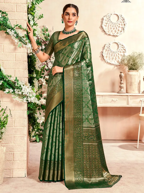 Stunning banarasi silk green saree for festive