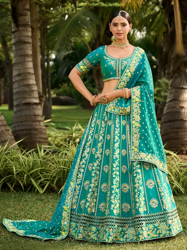 Stunning banarasi silk rama blue unstitched lehenga choli