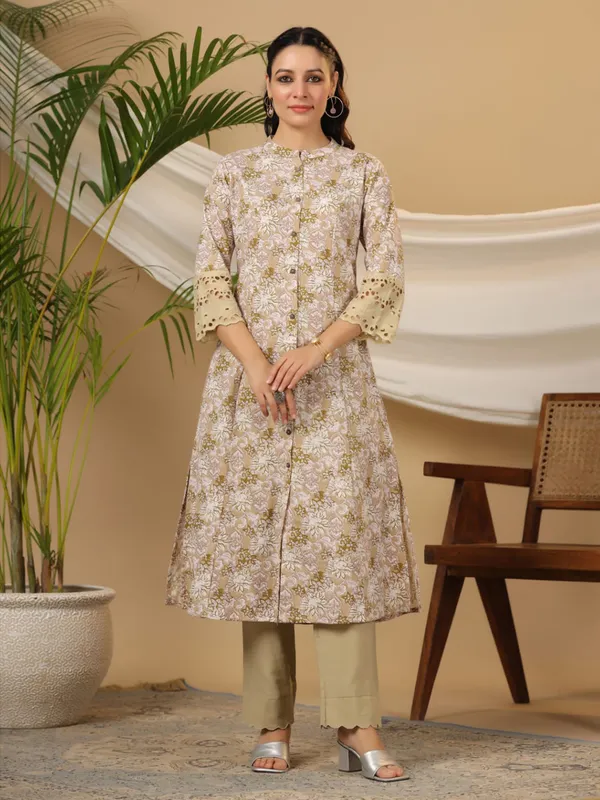 Stunning beige cotton printed kurti