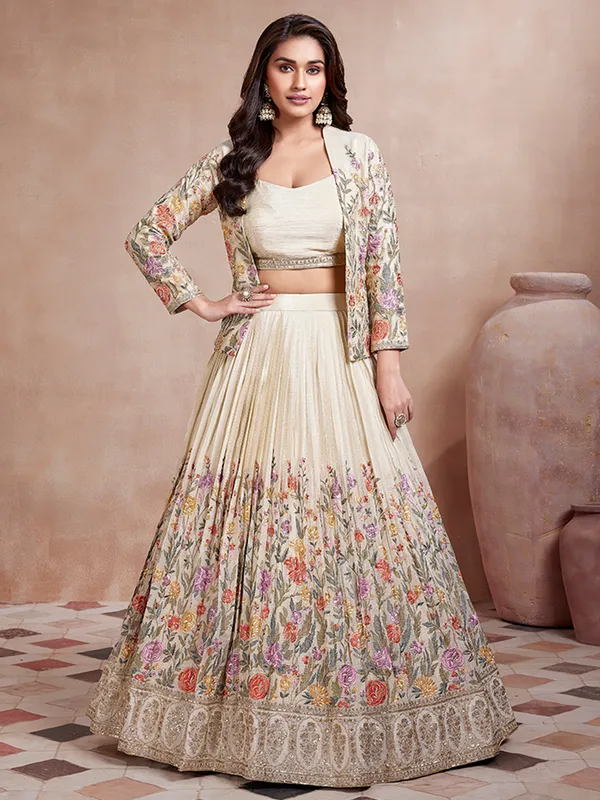 Stunning beige jacket style silk lahenga choli