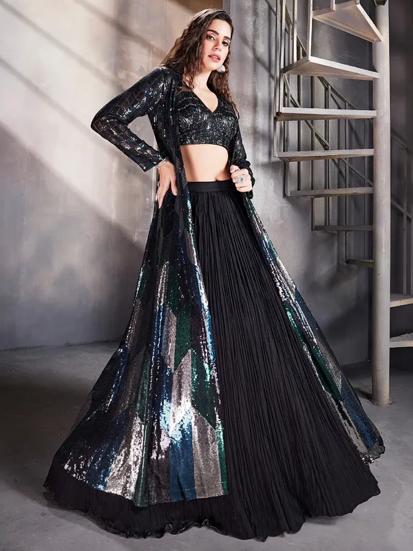 Stunning black georgette jacket style lehenga choli