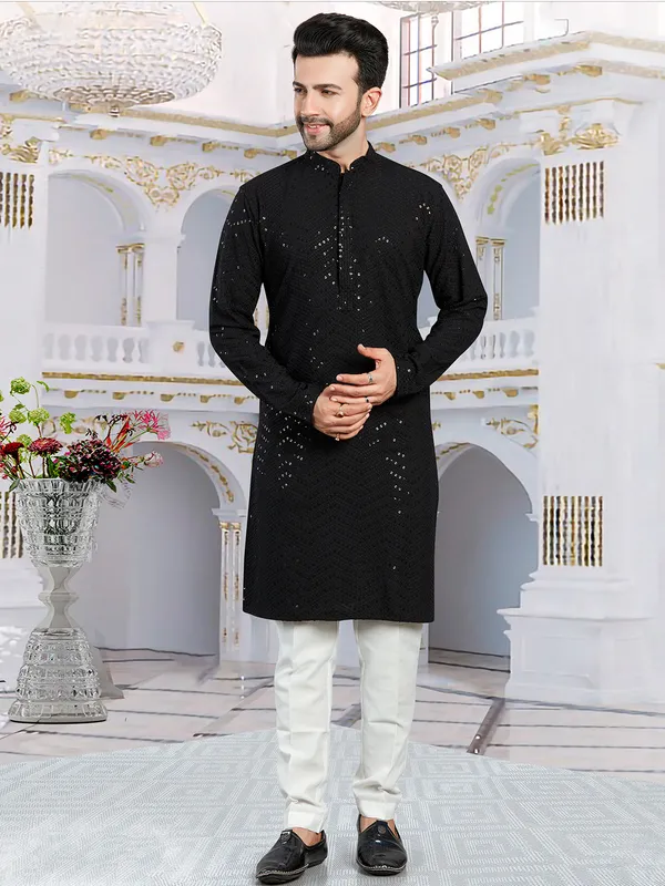 Stunning black georgette kurta suit for men