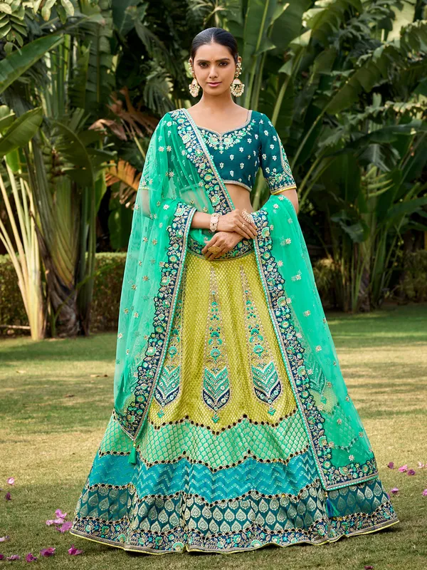 Stunning blue and yellow silk unstitched lehenga choli