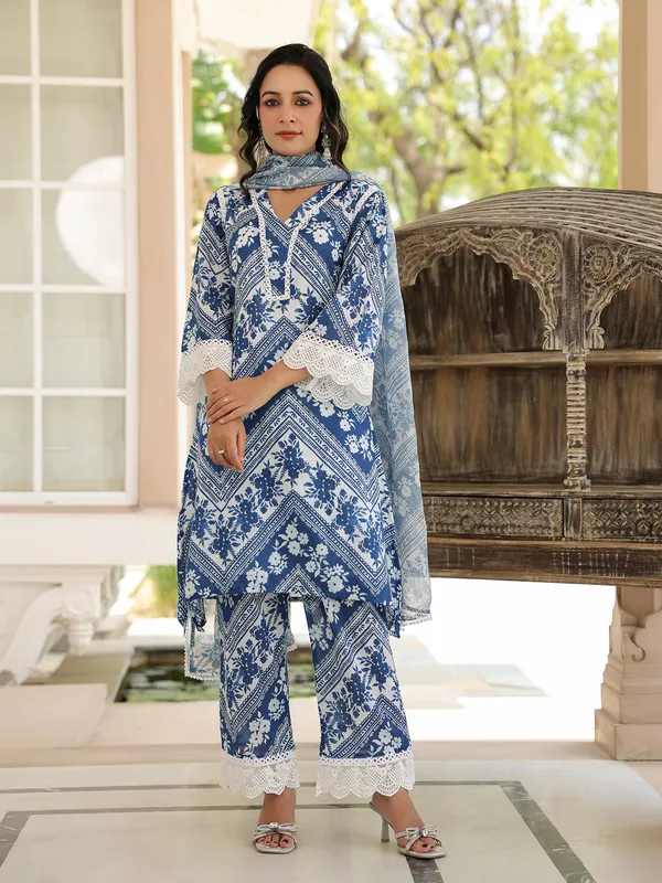 Stunning blue cotton printed kurti set