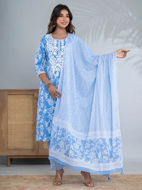 Stunning blue printed cotton kurti set