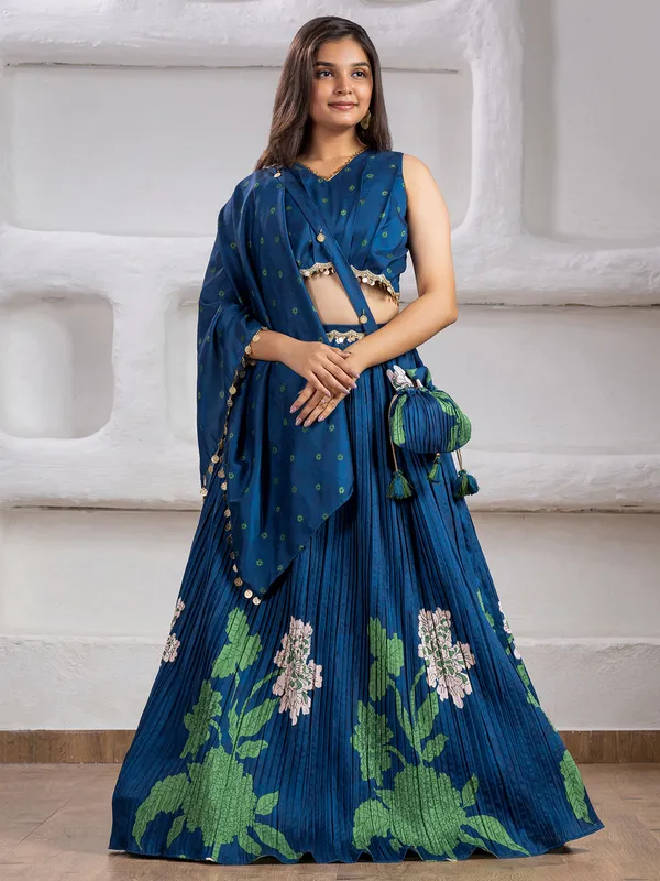Stunning blue silk lehenga choli with print