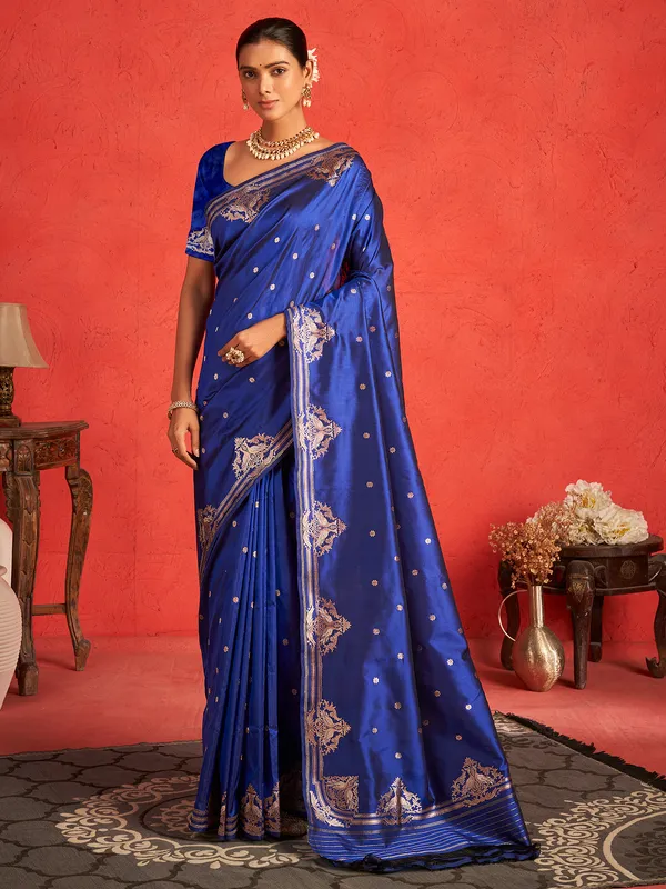 Blue saree in zari work with unstitched blouse