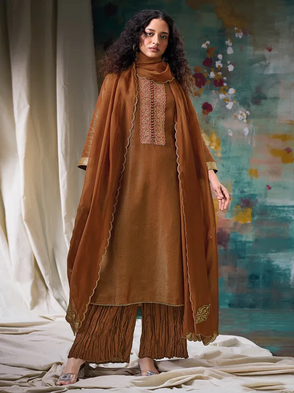 Stunning brown silk palazzo suit with dupatta
