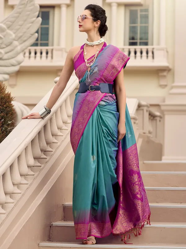 Stunning cadet blue saree for festive