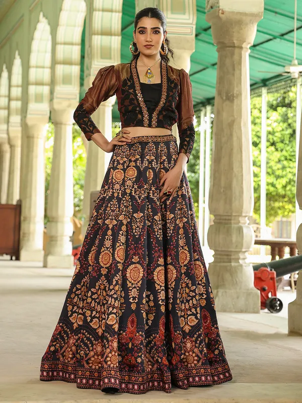 Stunning charcoal and brown silk printed lehenga choli