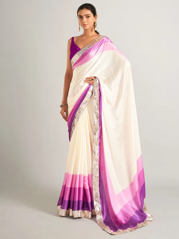 Stunning cream and purple plain masru silk saree