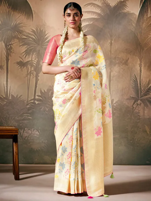 Stunning cream banarasi silk saree