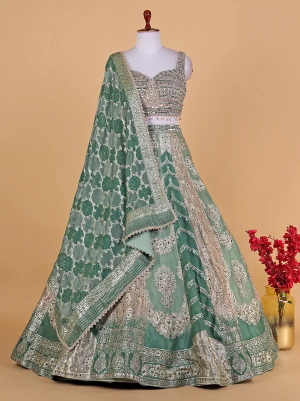 Stunning dark green organza lehenga choli