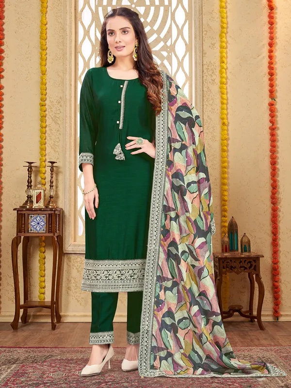 Stunning dark green silk straight cut salwar suit