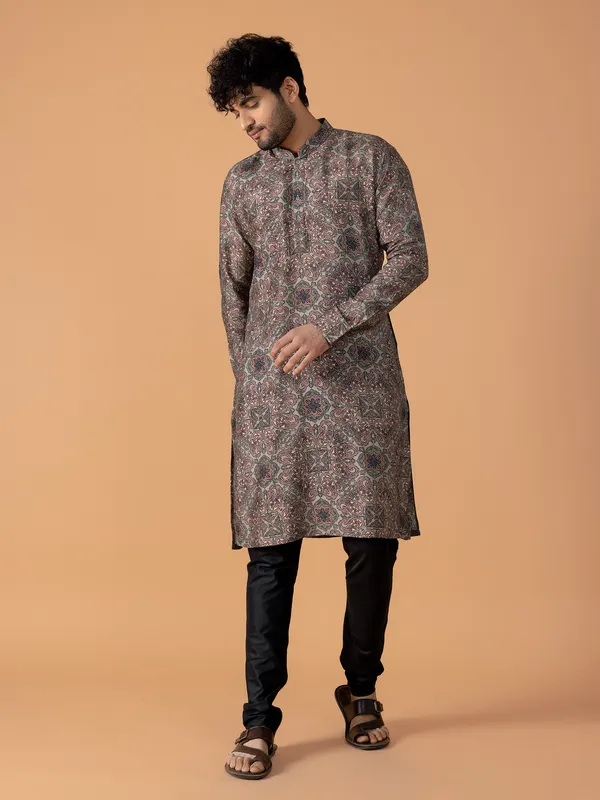 Stunning dark grey printed kurta suit