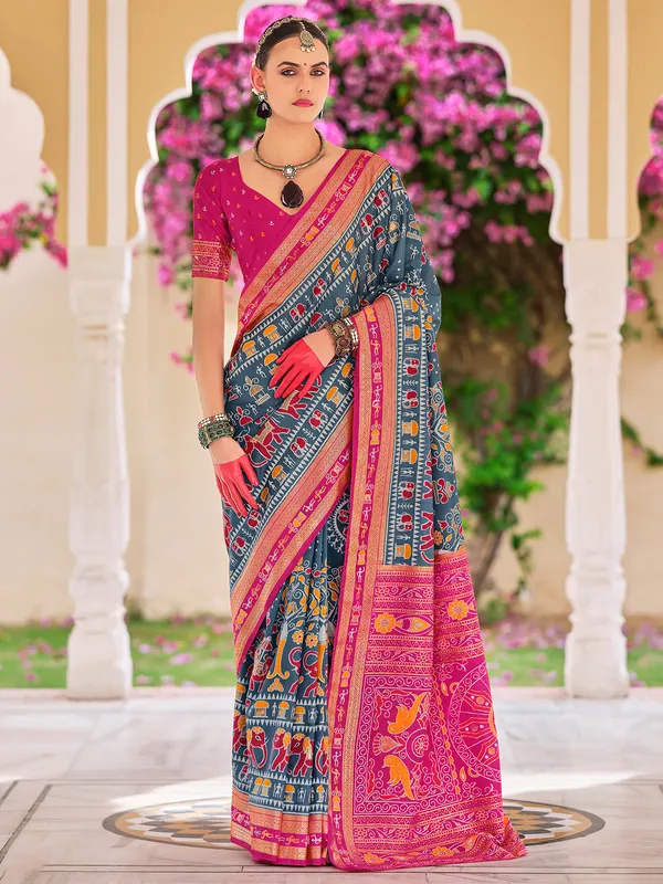 Stunning dark grey printed silk saree