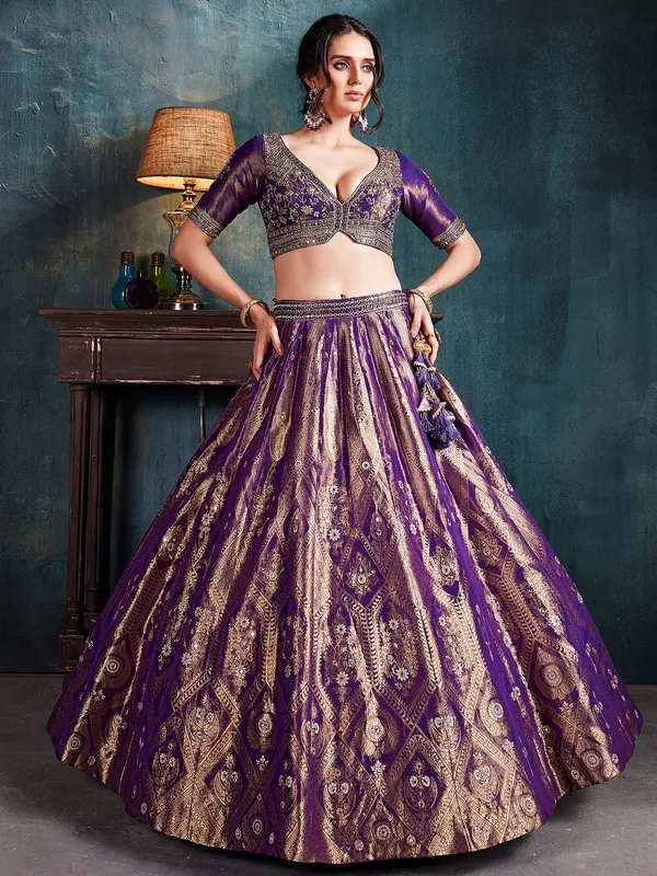 Stunning dark purple silk party wear lehenga choli