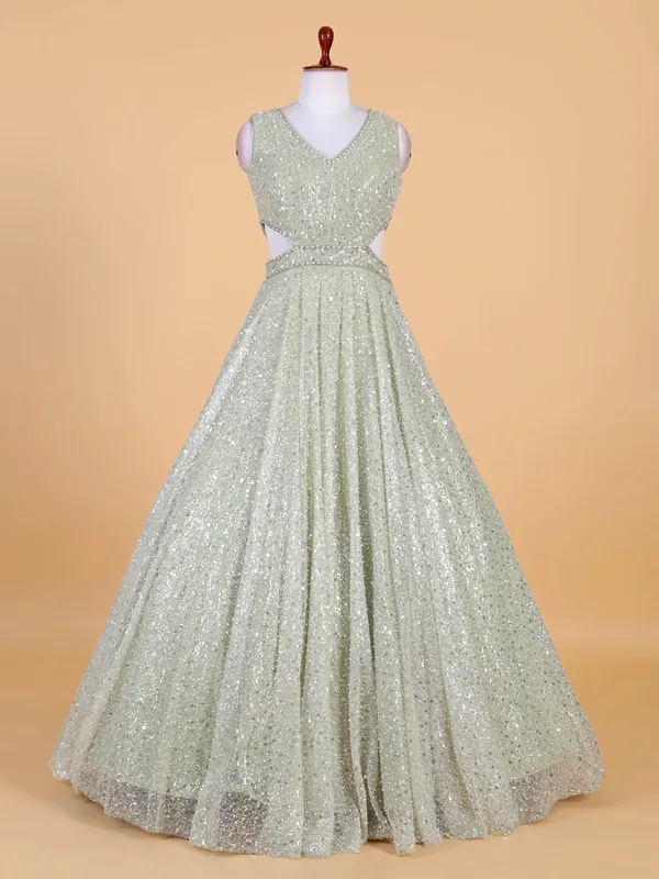 Stunning designer pista green net gown