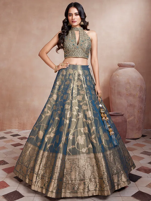 Stunning dusty blue banarasi silk lahenga choli