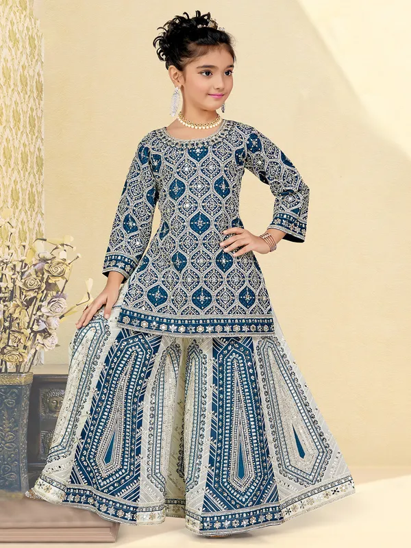 Stunning georgette palazzo cream and blue salwar suit
