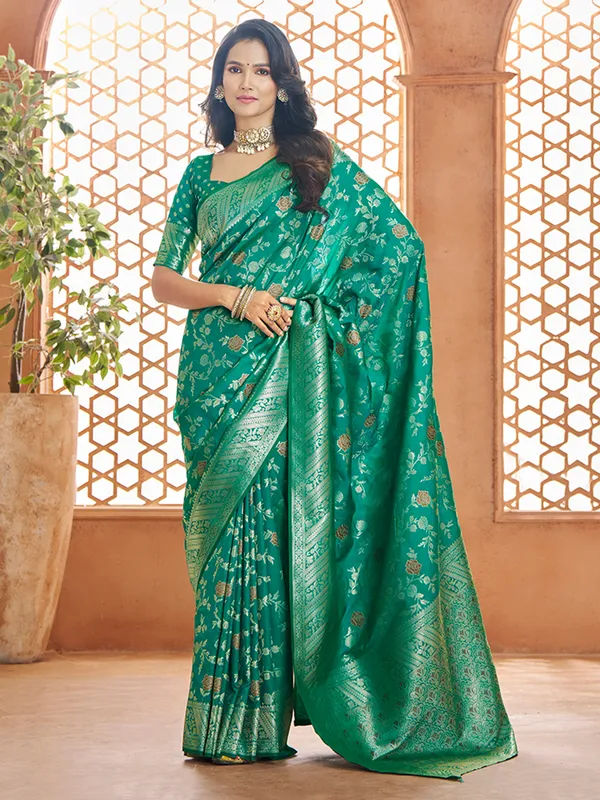 Stunning green banarasi silk zari weaving saree