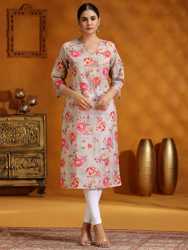 Stunning grey floral printed cotton kurti