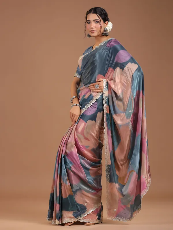 Stunning grey muslin silk printed saree