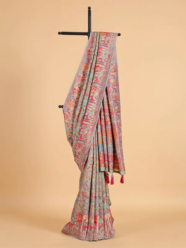 Stunning grey pashmina silk printed saree