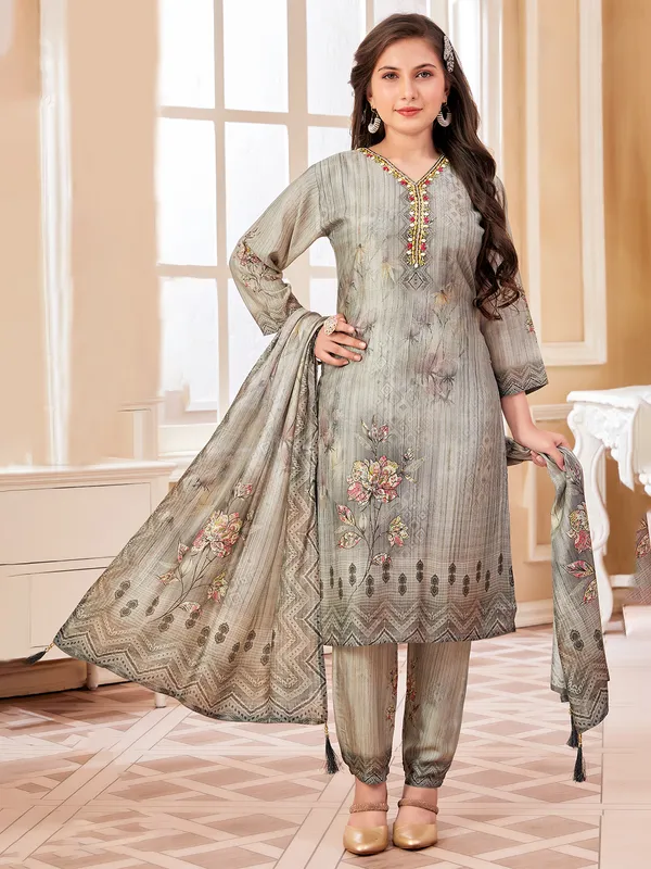 Stunning grey printed salwar suit in silk