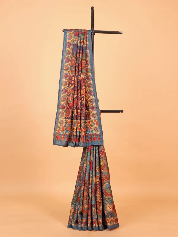 Stunning grey printed tusser silk saree