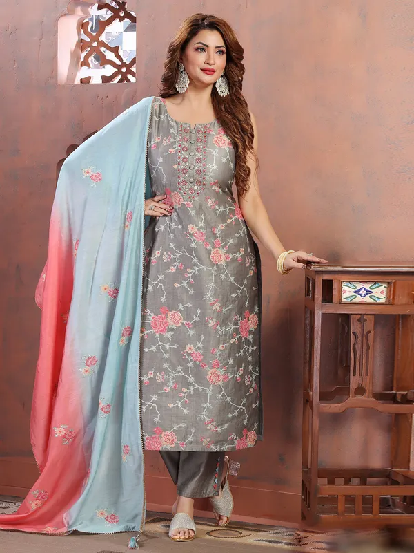 Stunning grey silk salwar suit with dupatta