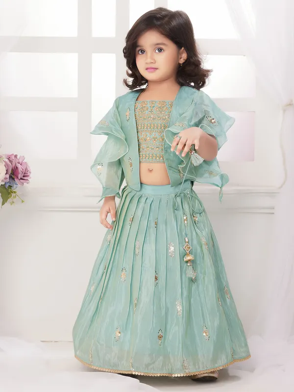 Stunning  jacket style sky blue lehenga choli in silk fabric