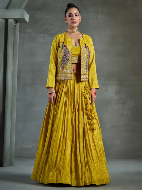 Stunning lemon yellow lehenga choli with jacket